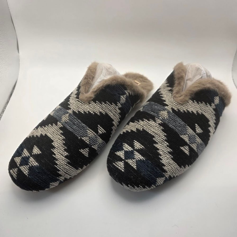 Korks Nile New  Blue Tribal‎ Fabric Faux Fur Trim Mules Slippers Women's Size 8